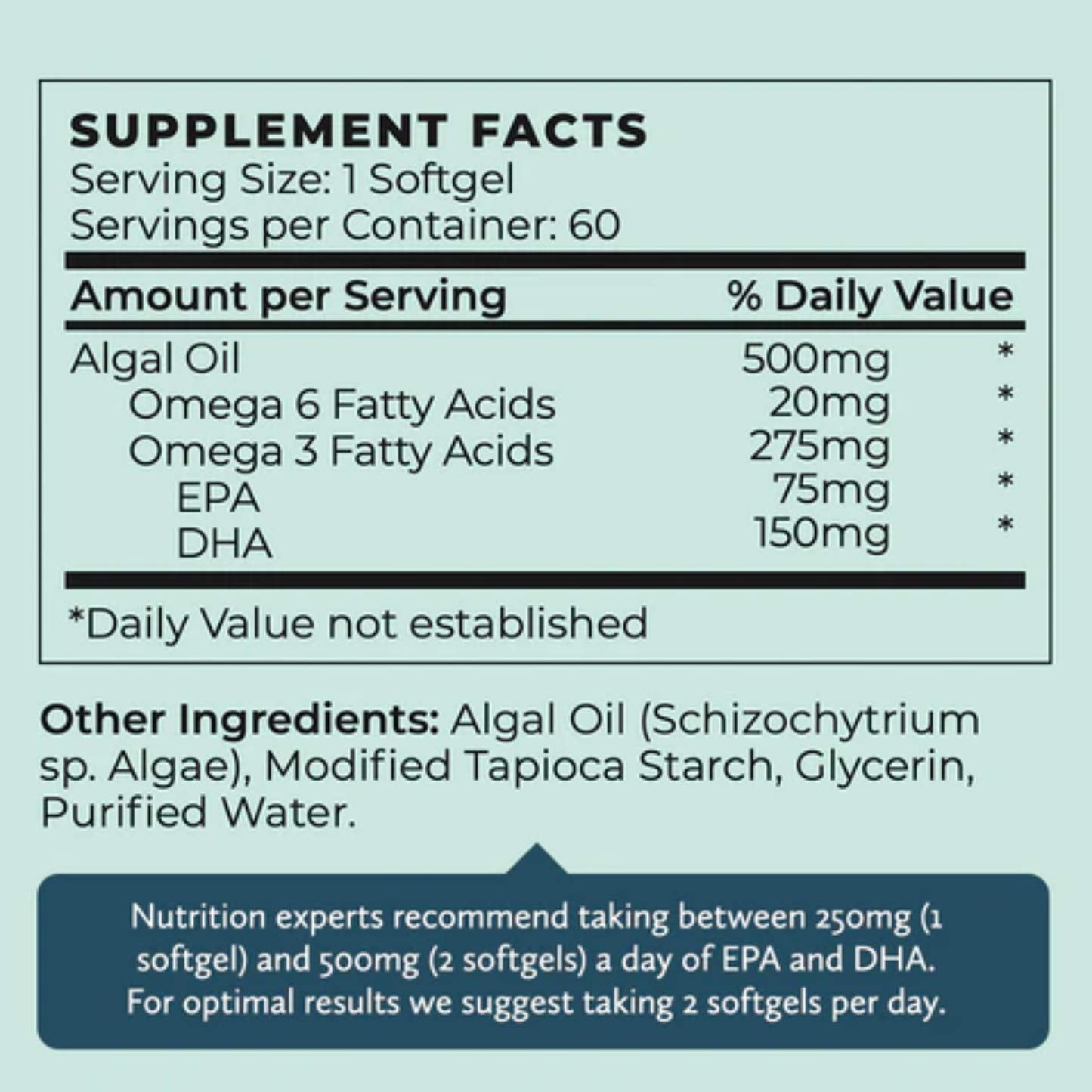 Dude Vibe Vegan Omega 3 Supplement - 500mg DHA + EPA Algal Oil